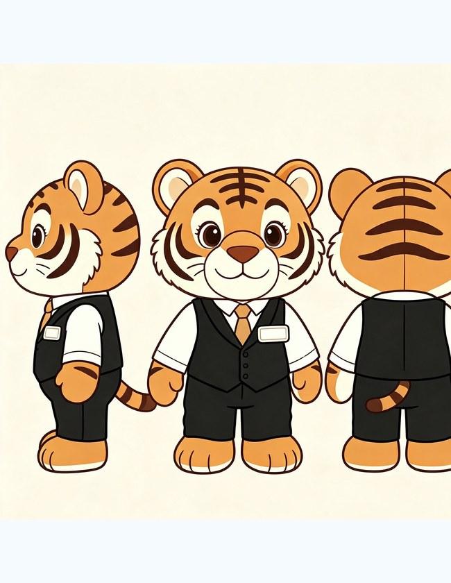 Three-view design sheet for the tiger mascot plush