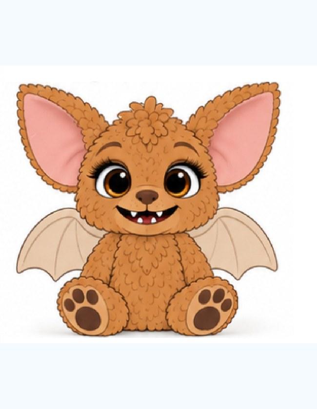 Flat character illustration of a big-eyed bat plush design