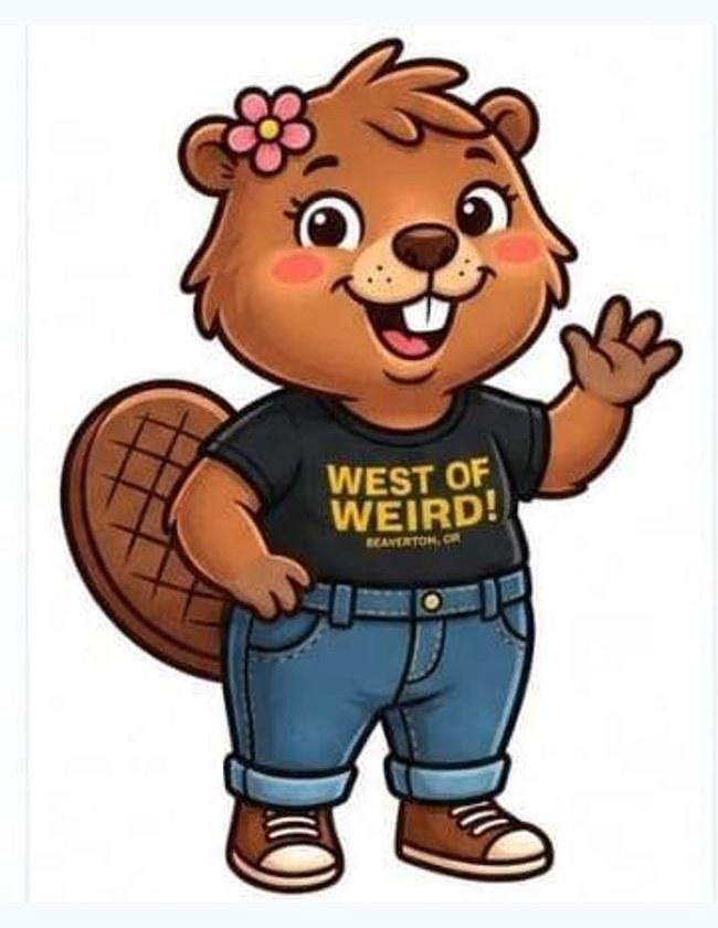 Flat character illustration of a beaver mascot in a graphic tee and jeans