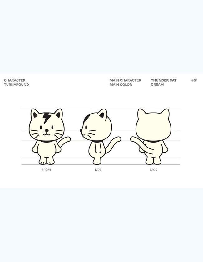 Character turnaround sheet for a cream cat plush with a lightning-bolt marking