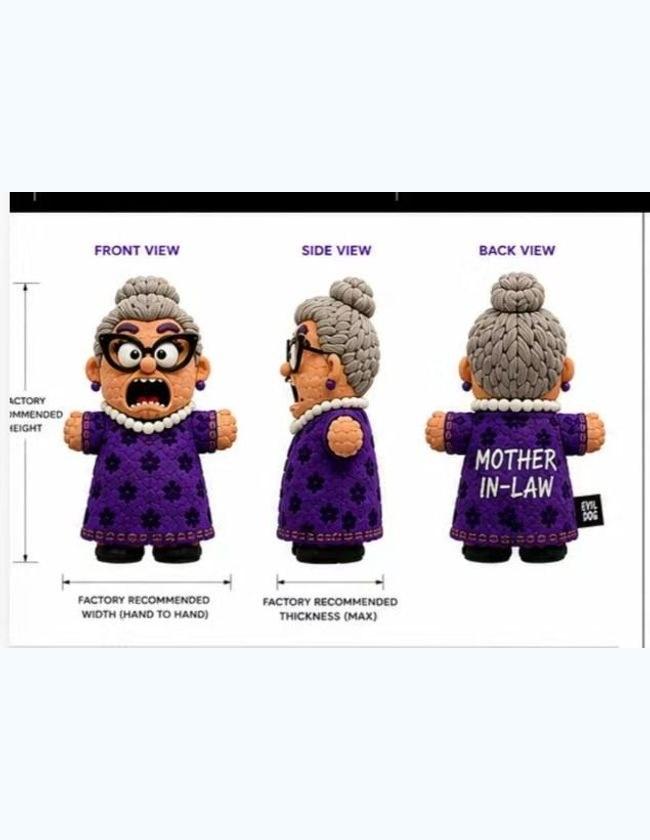 Design specification sheet for a grandmother plush character in a patterned dress