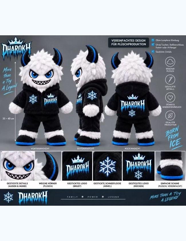 Production design sheet for a fluffy horned character plush in a printed hoodie