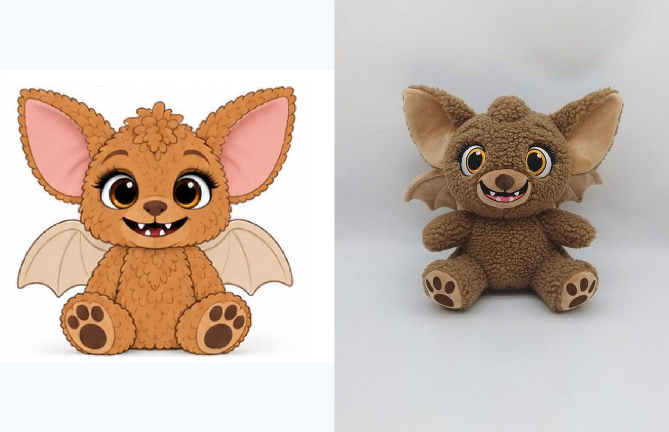 Illustration and finished bat character plush, side by side