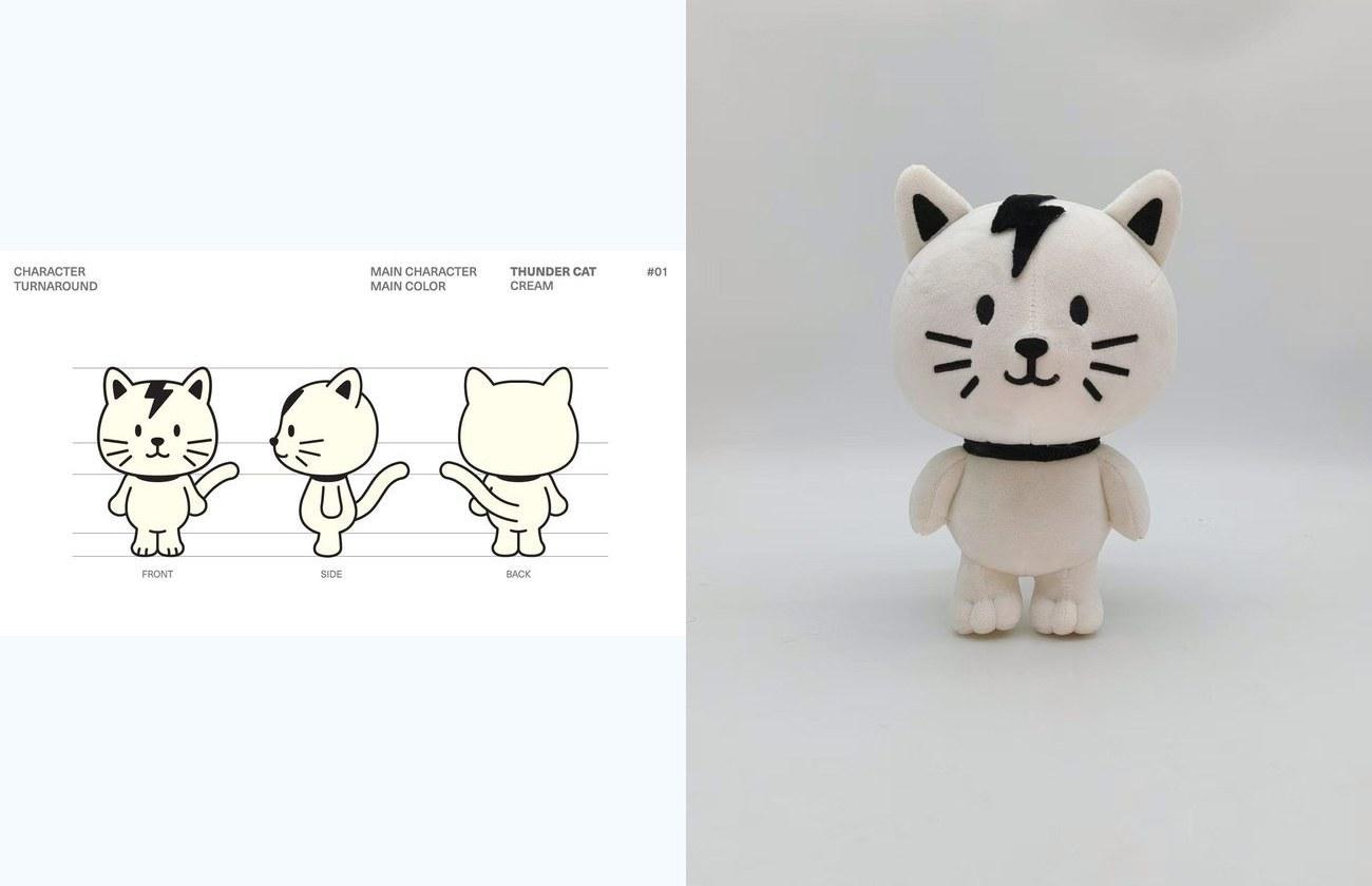 Character turnaround sheet and finished cream cat plush, side by side