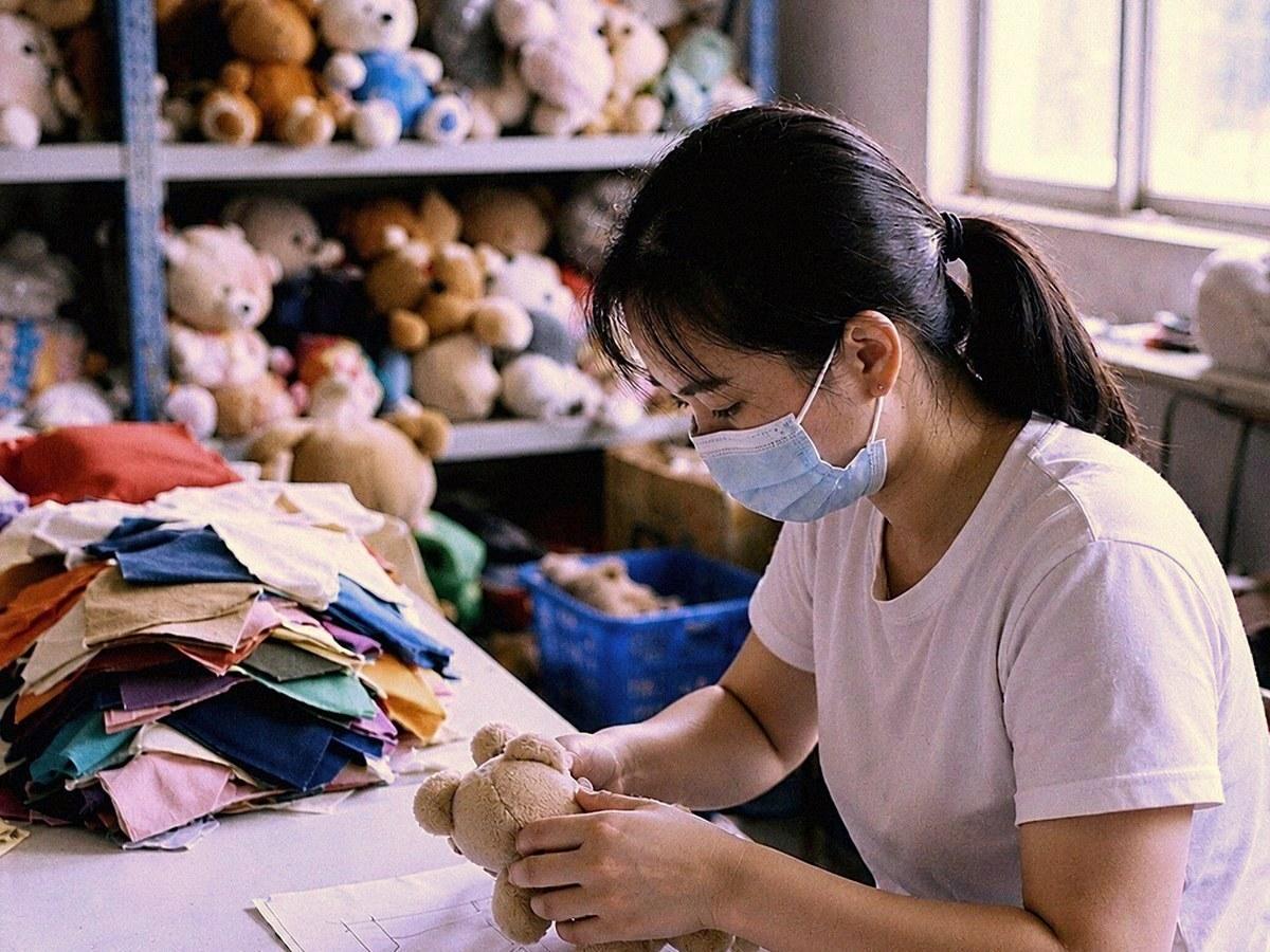 Sample review at our plush manufacturing facility
